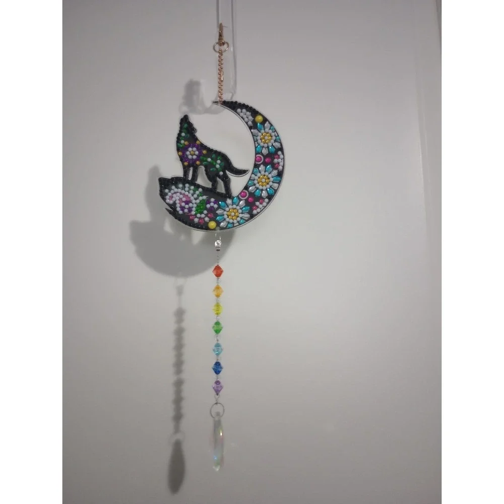 Wolf Howling at Moon Suncatcher Rhinestone Beaded Hanging Ornament Crystal Prism